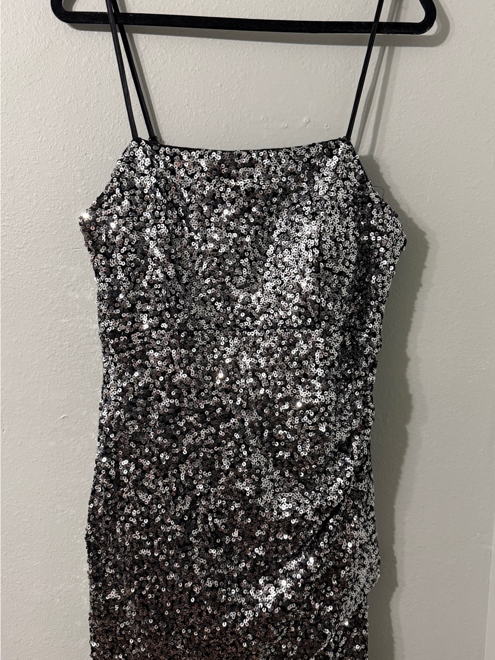 Glam Full Silver Sequin Spaghetti Strap Party Ruched Mini Dress XL